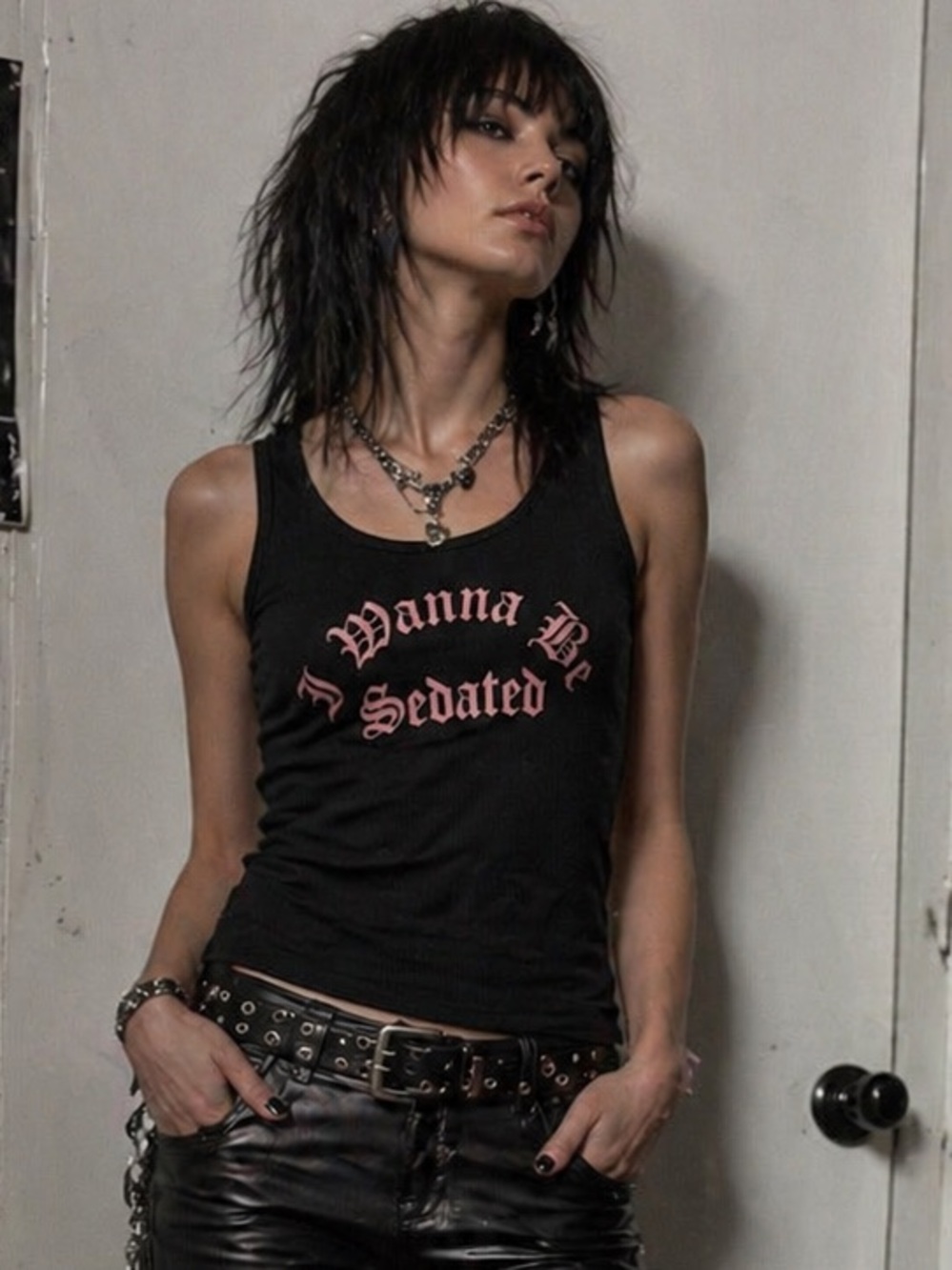 Smashing Grandpa Black Tank Top with Pink 'I Wanna Be Sedated' Graphic.